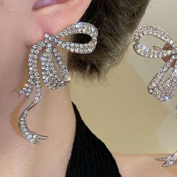 silver diamond bow earrings A208 - Picture 3 of 6